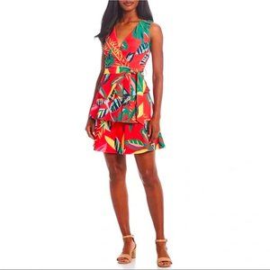 Alex Marie Size 10 Tropic Hawaiian Floral Red Mini Tiered Dress V Neck Belt NWOT
